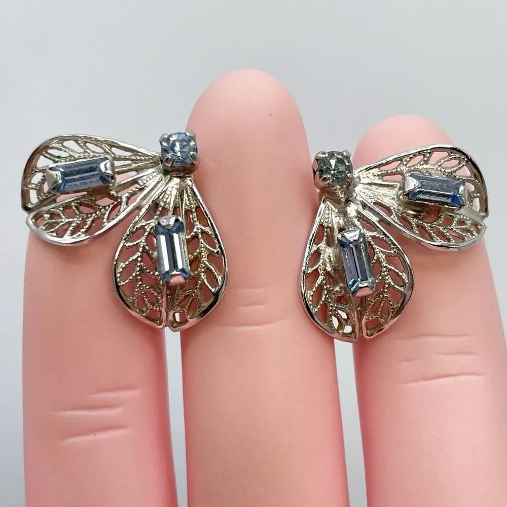 Silver Tone Screw Back Earrings Blue Rhinestone Filigree Butterfly Shape Boho